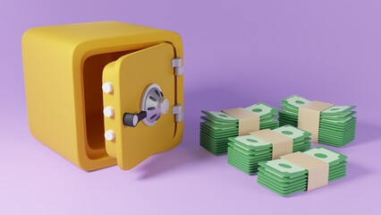 3d render safe box with banknote stack money to protect saving or deposit cash. stored money secure and banking safety concept.