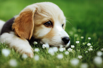 Cute puppies on a green grass with flowers