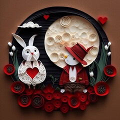 knolling,paper quilling, two super cute and sweet cute white rabbit, wearing a red hat,wearing gold necklace,beautiful big-black-eyed rabbit, symmetric ears,wearing a big red sweater sitti