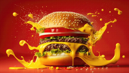 Big beautiful juicy burger with melted cheddar cheese, beef meat and vegetables. Big hamburger on red yellow background. - obrazy, fototapety, plakaty