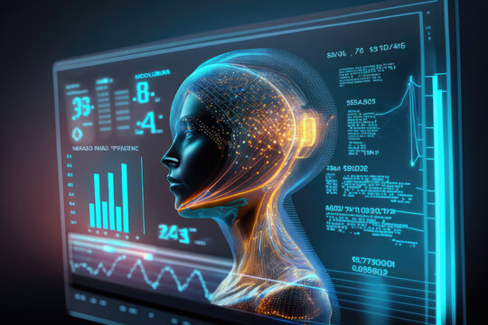 Digital Dashboard - Against Blue Hologram. Artificial Intelligence (AI), Support For Machine Learning To Accelerate Business Growth. Futuristic Technology Trend Concept