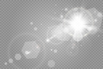 Obraz premium Special lens flash, light effect. The flash flashes rays and searchlight. illust.White glowing light. Beautiful star Light from the rays. The sun is backlit. Bright beautiful star. Sunlight. Glare. 
