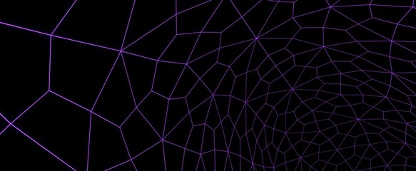 Neon spider mesh background. Purple digital plexus with 3d render futuristic tracery. Cyber space world wide web for techno design and halloween