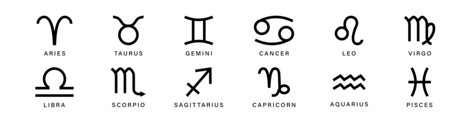 Zodiac signs set. Leo and taurus constellations black symbols with esoteric scorpio and astrological aquarius with pisces vector pictogram