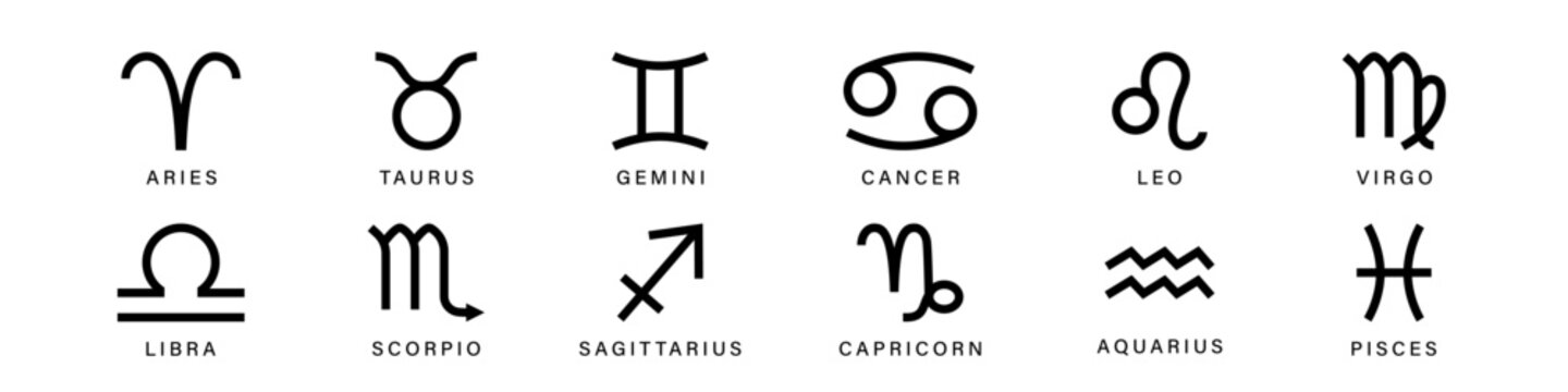 Zodiac signs set. Leo and taurus constellations black symbols with esoteric scorpio and astrological aquarius with pisces vector pictogram