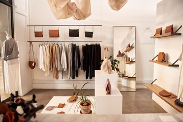 Interior of a stylish clothing and accessories boutique