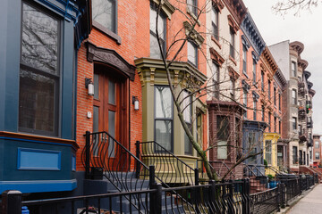 Brooklyn typical facades & row houses in an iconic neighborhood of Brooklyn. Park Slope, New York - obrazy, fototapety, plakaty