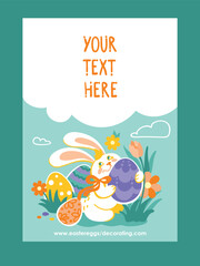 Cute bunny hunt of chocolate eggs. Easter holidays. Flyer. Vector.