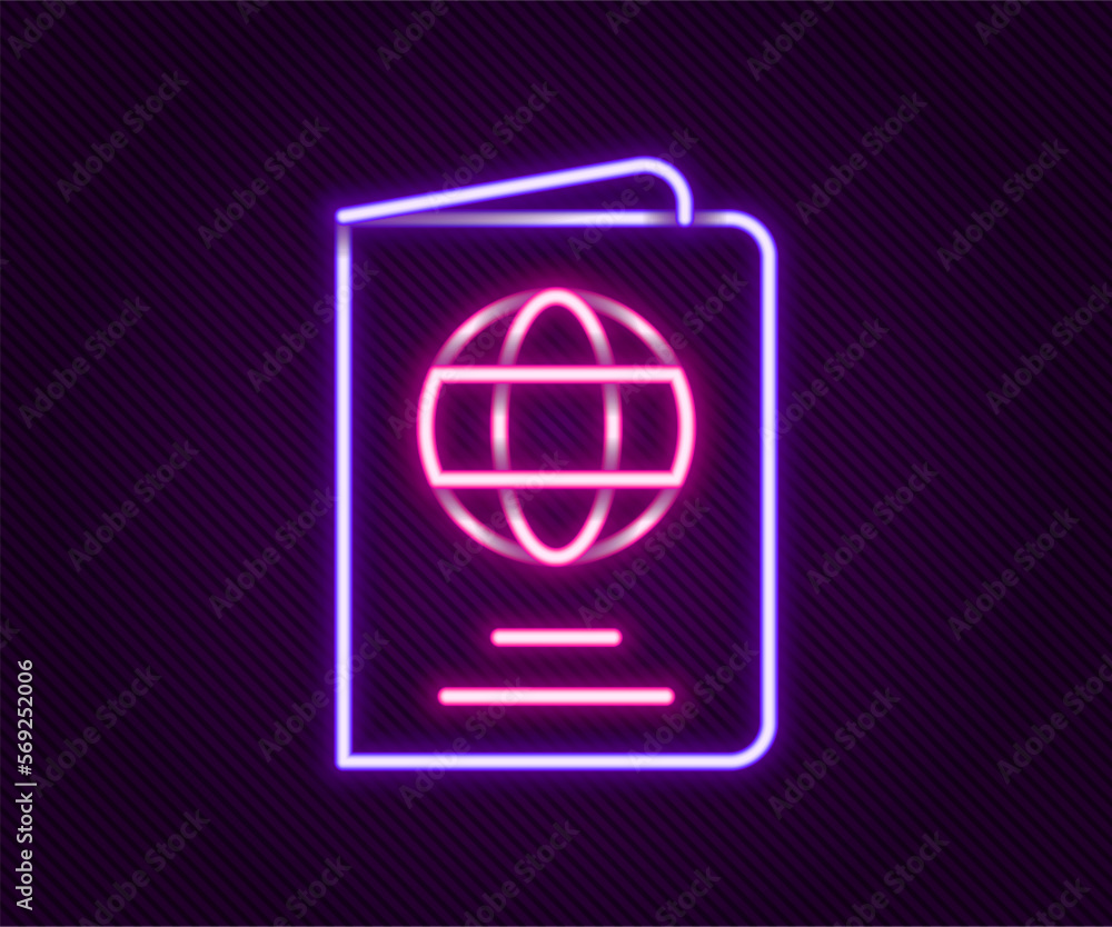 Poster glowing neon line passport with biometric data icon isolated on black background. identification doc