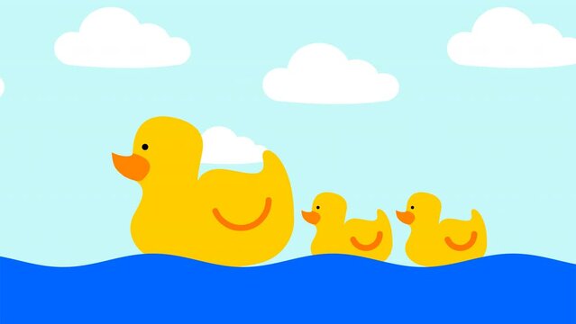 duck animation. Mother duck is swimming with her chicks. cartoon duck. 4k video looping animation.
