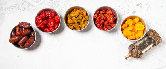 Concept: Ramadan food Sweets mixed of dried fruits , Dates premium dates, 
full of date fruits,...