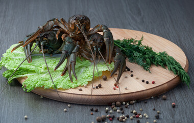 Fresh crawfish on a wooden cutting board with lettuce leaves on the table