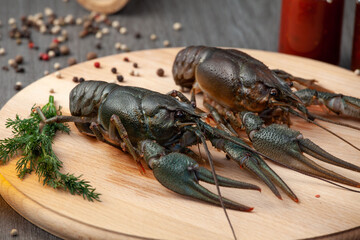 Two fresh crawfish on a wooden cutting board with beer
