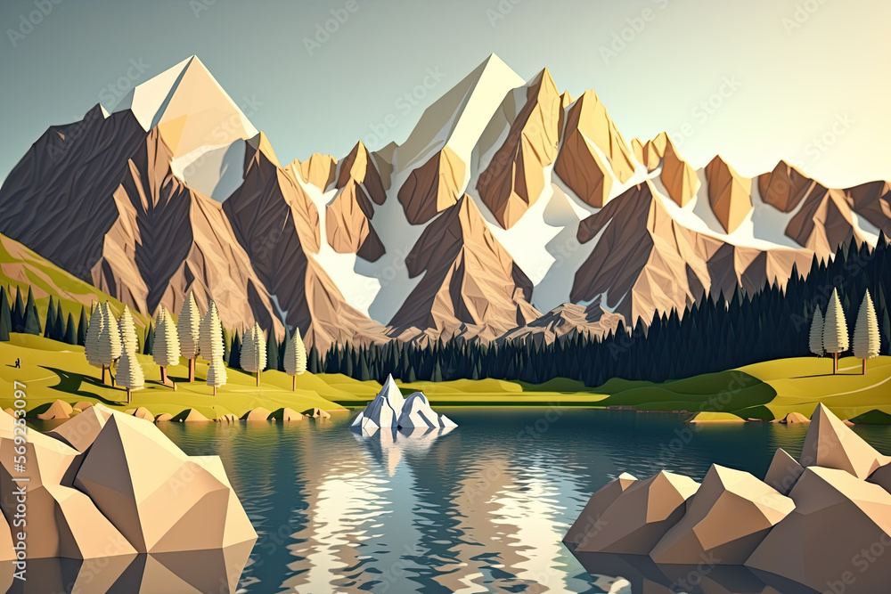 Poster a lake with mountains in the background. polygon. generative ai