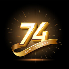 74th anniversary with 3d number and ribbon shiny gold design