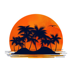 Fototapeta na wymiar An island with palm trees. Trees and sunset. Mixed media. Silhouette and watercolor