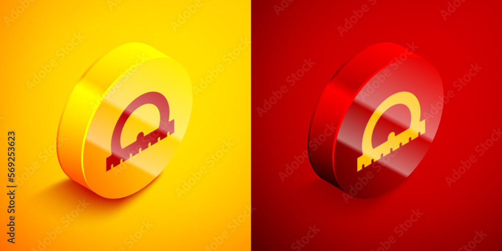 Poster isometric protractor grid for measuring degrees icon isolated on orange and red background. tilt ang