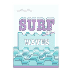 Surf the waves summer holiday typography t-shirt print vector design. Extreme water sports video game style abstract graphic in mint blue and soft purple colors. 