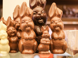 Happy smiling school easter bunnies on a glass counter