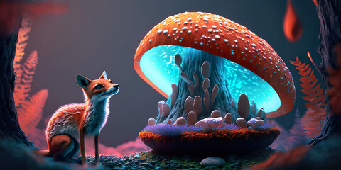 A curious fox looks at a large luminous mushroom with a glowing blue interior in a mystical forest setting. Surrounded by vibrant foliage and ethereal lighting, the scene is mesmerizing.AI gen