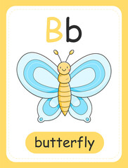 Alphabet card for children with the letter B and a butterfly. Educational card for kids. The word butterfly, the English alphabet.