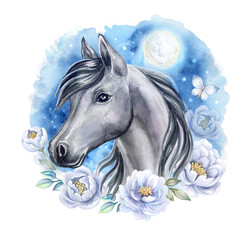 Black horse head portrait with blue flowers frame. Watercolor. Illustration. Night, moon and stars. Fairy magic