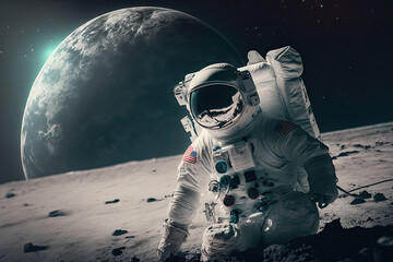 an astronaut sits on his knees on the moon behind him is a planet. Generative AI