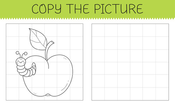Copy the picture is an educational game for kids with an apple and caterpillar. Cute cartoon apple with worm coloring book.