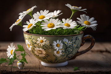chamomile flowers in a teacup. Generative AI
