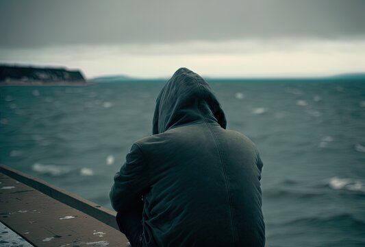 Isolated and downcast, a figure in a hoodie may be seen sitting by the water, contemplating life. Generative AI