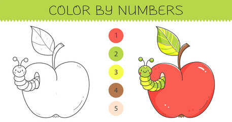 Color by numbers coloring book for kids with an apple and caterpillar. Coloring page with cute cartoon apple and worm with an example for coloring. Monochrome and color versions.
