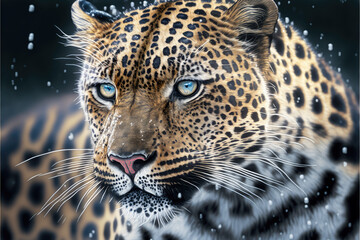 Fototapeta na wymiar closeup of a leopard in winter with snowflakes. Generative AI