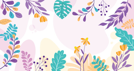 Colorful poster background vector illustration.Exotic plants, branches,art print for beauty, fashion and natural products,wellness, wedding and event.