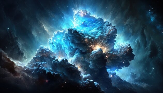  a blue and black cloud filled with stars in the night sky with a star cluster in the center of the image and a blue and white cloud filled with stars in the middle.  generative ai