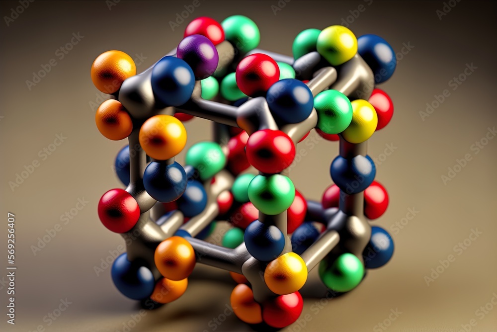 Poster detailed representation of a molecule, shown at various distances and in various colors to highlight