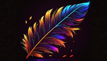  a colorful feather on a dark background with a splash of paint on the bottom of the feather and the bottom of the feather has been drawn.  generative ai