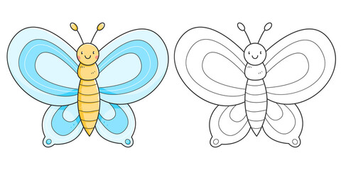 Blue butterfly coloring book with coloring example for kids. Coloring page with butterfly. Monochrome and color version. children's illustration.