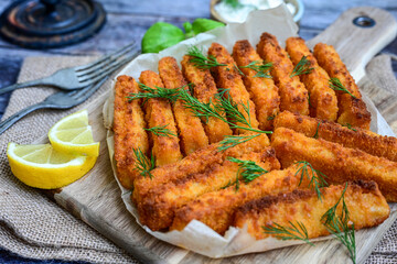 Close up of   Crispy breaded  deep fried fish fingers with breadcrumbs served  with remoulade sauce and  lemon Cod Fish Nuggets on rustic wood table background