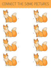 Connect the same pictures game with a cute cartoon fox. Children's game with a fox.