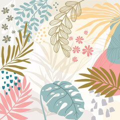 Colorful poster background vector illustration.Exotic plants, branches,art print for beauty, fashion and natural products,wellness, wedding and event.