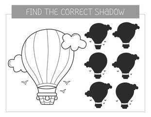 Find the correct shadow coloring book with an airship. Coloring page educational game for kids. Cute cartoon airship. Shadow matching game.