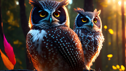 Illustration of two owls in the forest during sunset