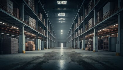  a large warehouse filled with lots of shelves filled with lots of boxes and boxes on top of each shelf and a doorway leading to the second floor.  generative ai