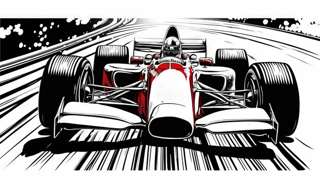  a drawing of a racing car driving down a track with a red and white car in the middle of the picture and a black and white background.  generative ai