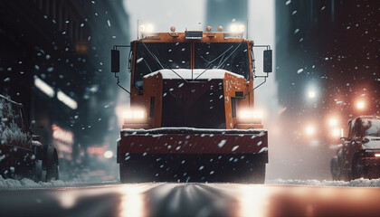  a couple of snow plow trucks driving down a snow covered street in the city at night with lights on and snow falling on the ground.  generative ai