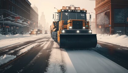  a snow plow is driving down a snowy street in a city at night with buildings in the background and a snow covered street with cars on it.  generative ai