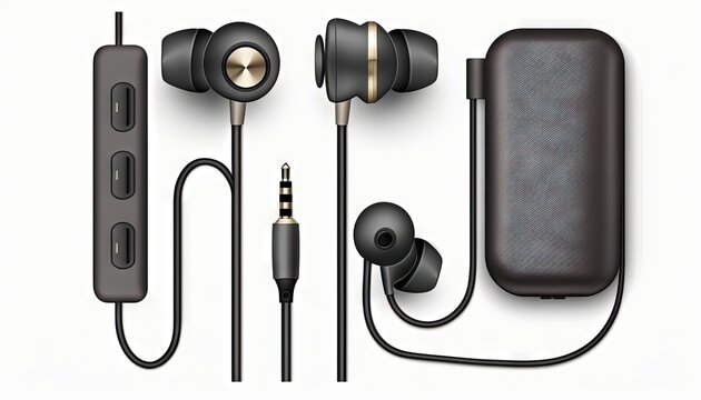  a pair of earphones with a black case and a gold - plated earphone plugs on a white background with a black cord.  generative ai