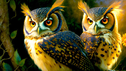 Illustration of two owls between the trees
