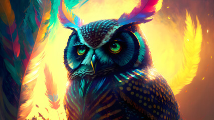 Illustration of an owl in vivid colors, reflecting the sun rays