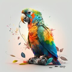 Vector parrot listening with headphones in vivid color